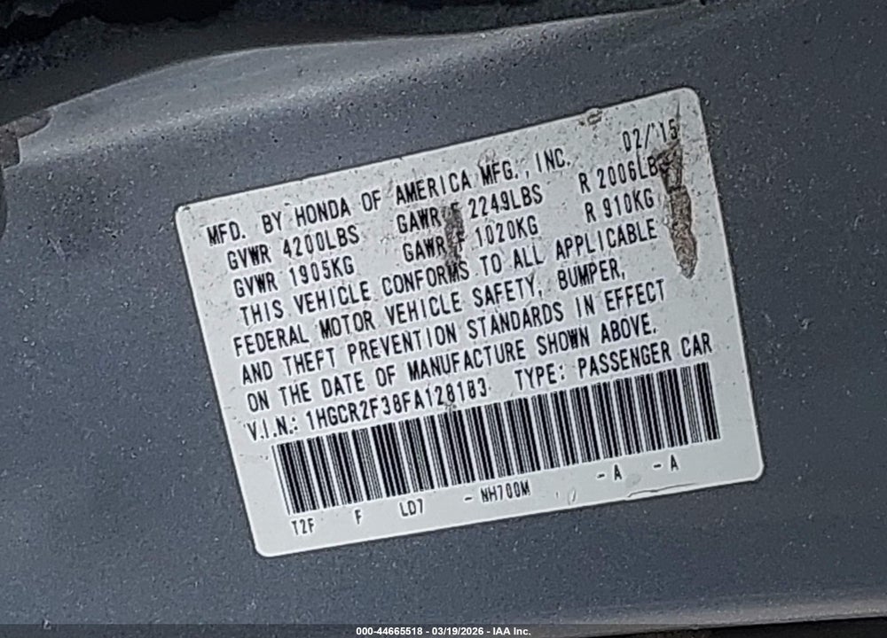 2015 HONDA ACCORD LX VIN: 1HGCR2F38FA128183