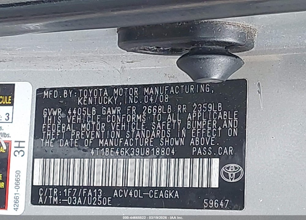 2009 TOYOTA CAMRY XLE VIN: 4T1BE46K39U818804