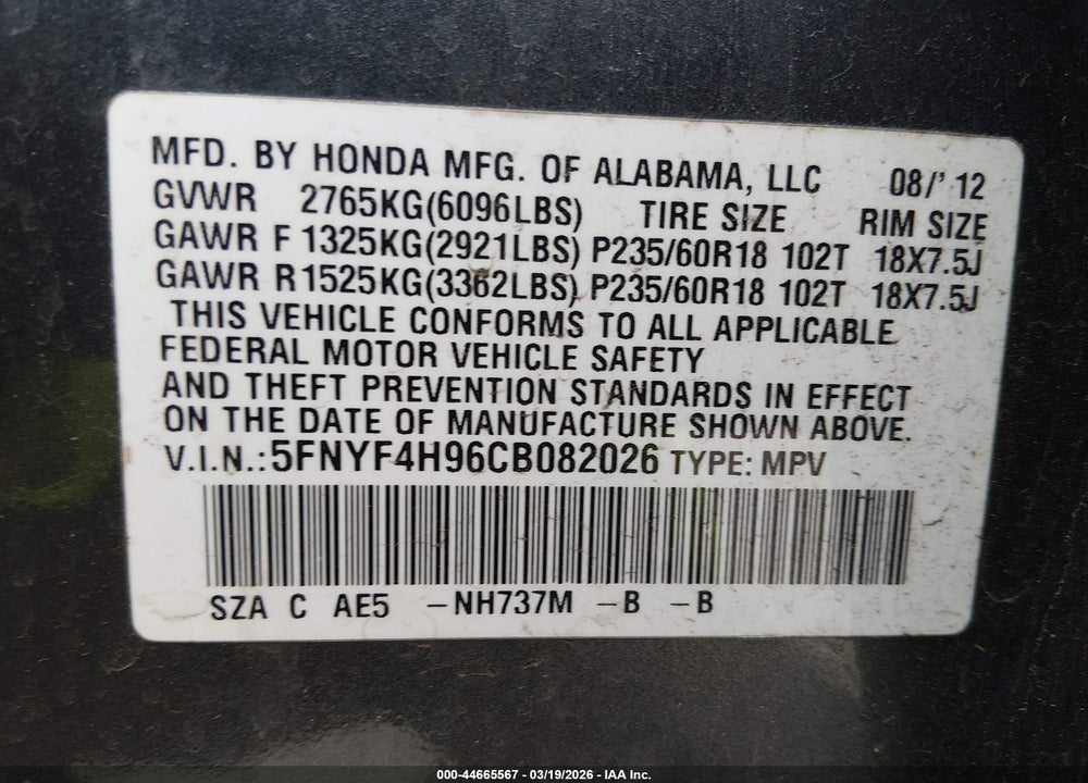 2012 HONDA PILOT TOURING VIN: 5FNYF4H96CB082026