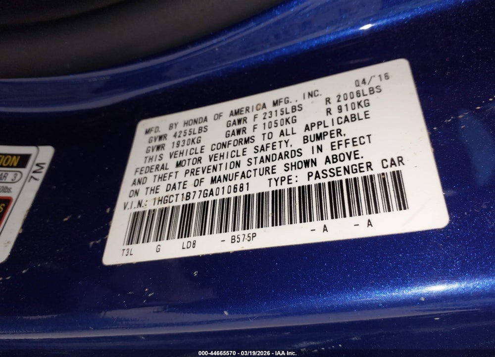 2016 HONDA ACCORD EX VIN: 1HGCT1B77GA010681