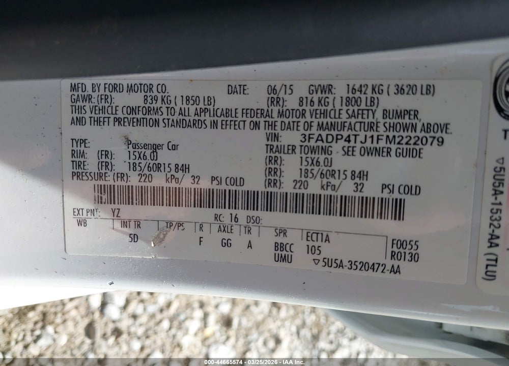 2015 FORD FIESTA S VIN: 3FADP4TJ1FM222079