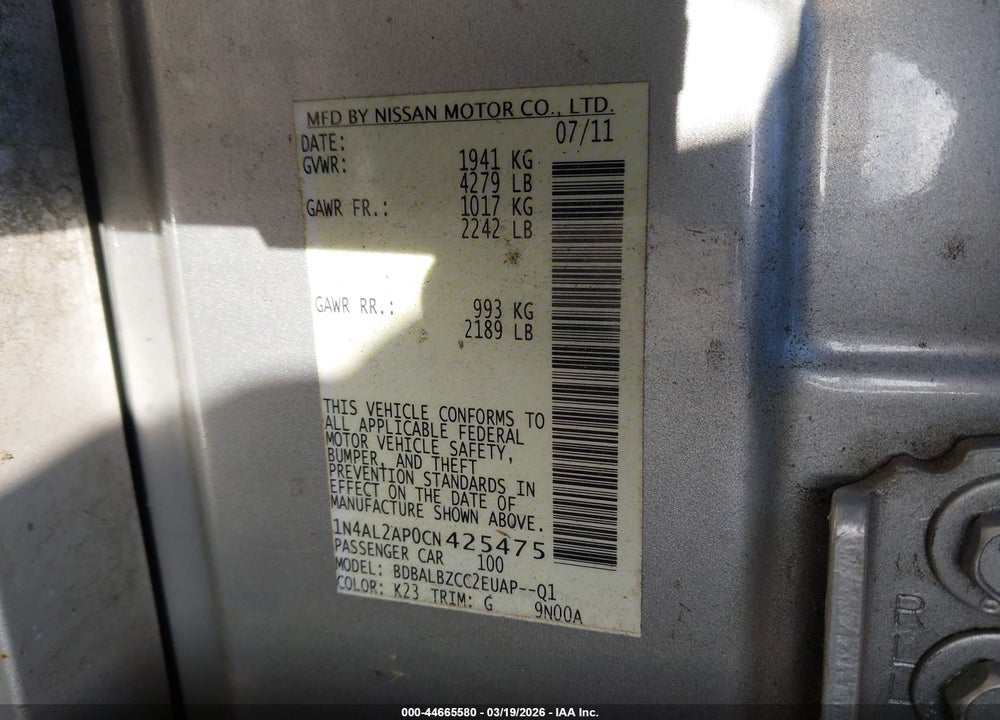 2012 NISSAN ALTIMA 2.5 S VIN: 1N4AL2AP0CN425475