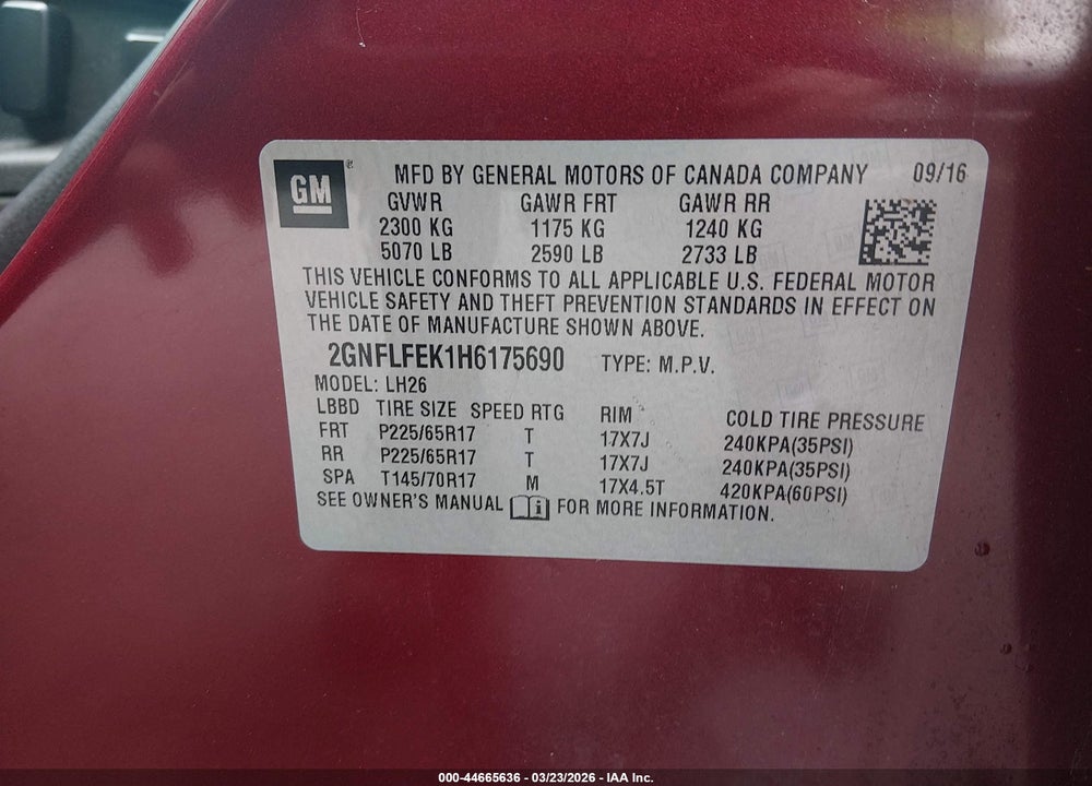 2017 CHEVROLET EQUINOX LT VIN: 2GNFLFEK1H6175690