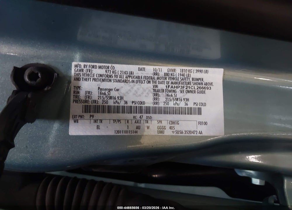 2012 FORD FOCUS SE VIN: 1FAHP3F21CL266693