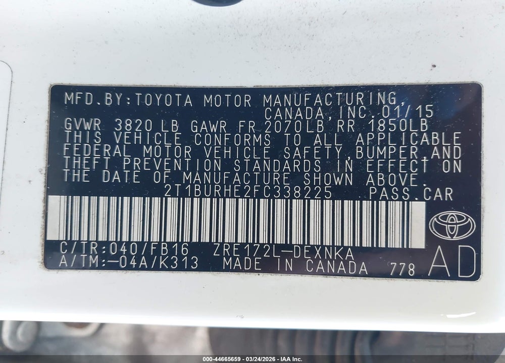 2015 TOYOTA COROLLA LE VIN: 2T1BURHE2FC338225