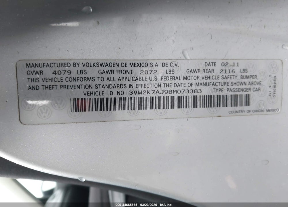2011 VOLKSWAGEN JETTA 2.0L S VIN: 3VW2K7AJ9BM073383