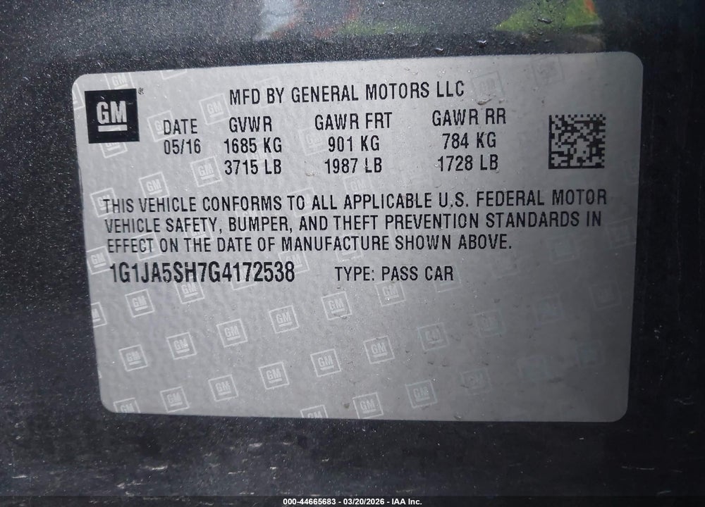 2016 CHEVROLET SONIC LS AUTO VIN: 1G1JA5SH7G4172538