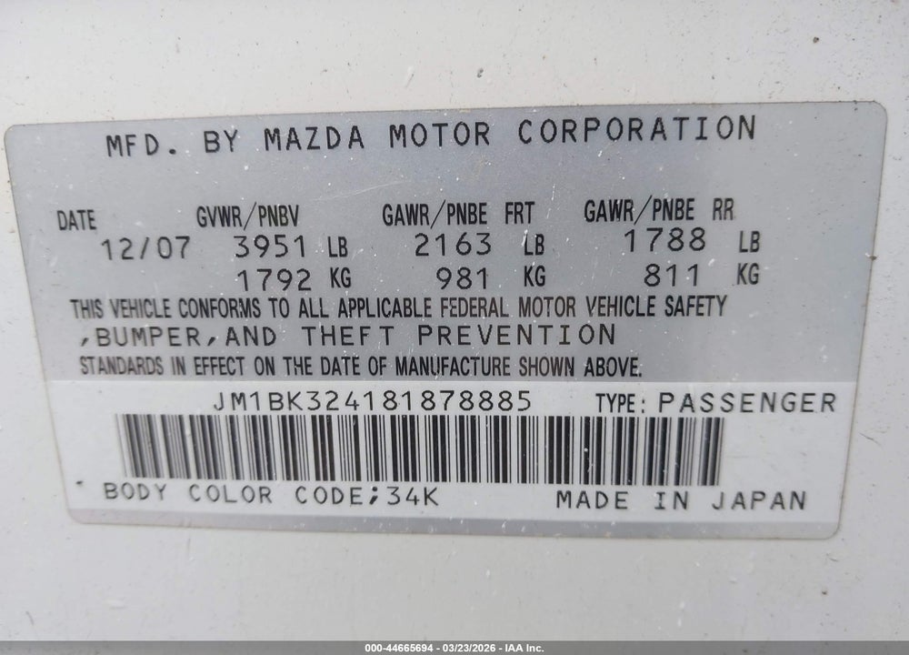 2008 MAZDA 3 S TOURING VIN: JM1BK324181878885