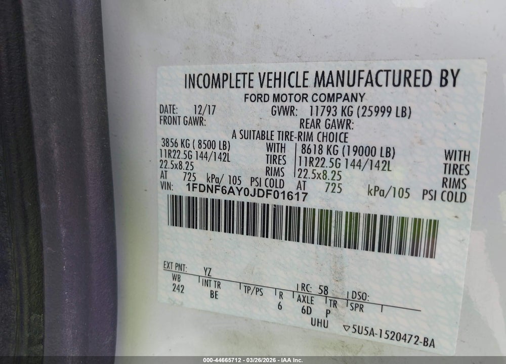 2018 FORD F-650 GAS VIN: 1FDNF6AY0JDF01617
