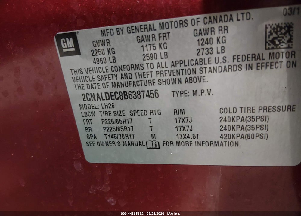 2011 CHEVROLET EQUINOX 1LT VIN: 2CNALDEC8B6387456