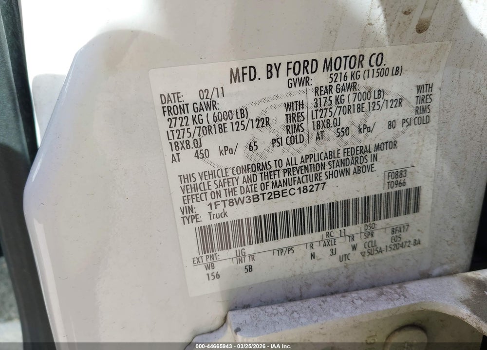 2011 FORD F-350 LARIAT VIN: 1FT8W3BT2BEC18277