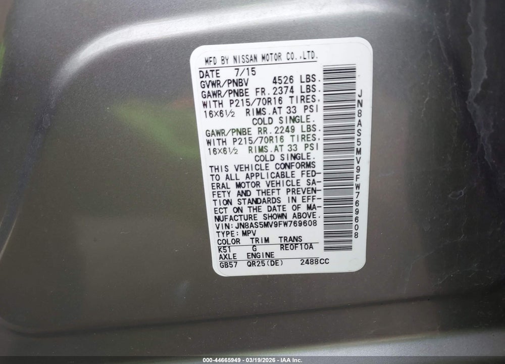 2015 NISSAN ROGUE SELECT S VIN: JN8AS5MV9FW769608
