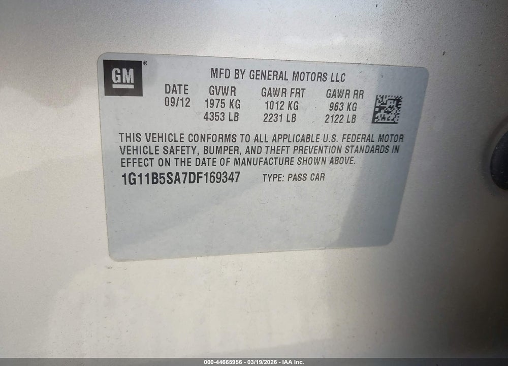 2013 CHEVROLET MALIBU 1LS VIN: 1G11B5SA7DF169347