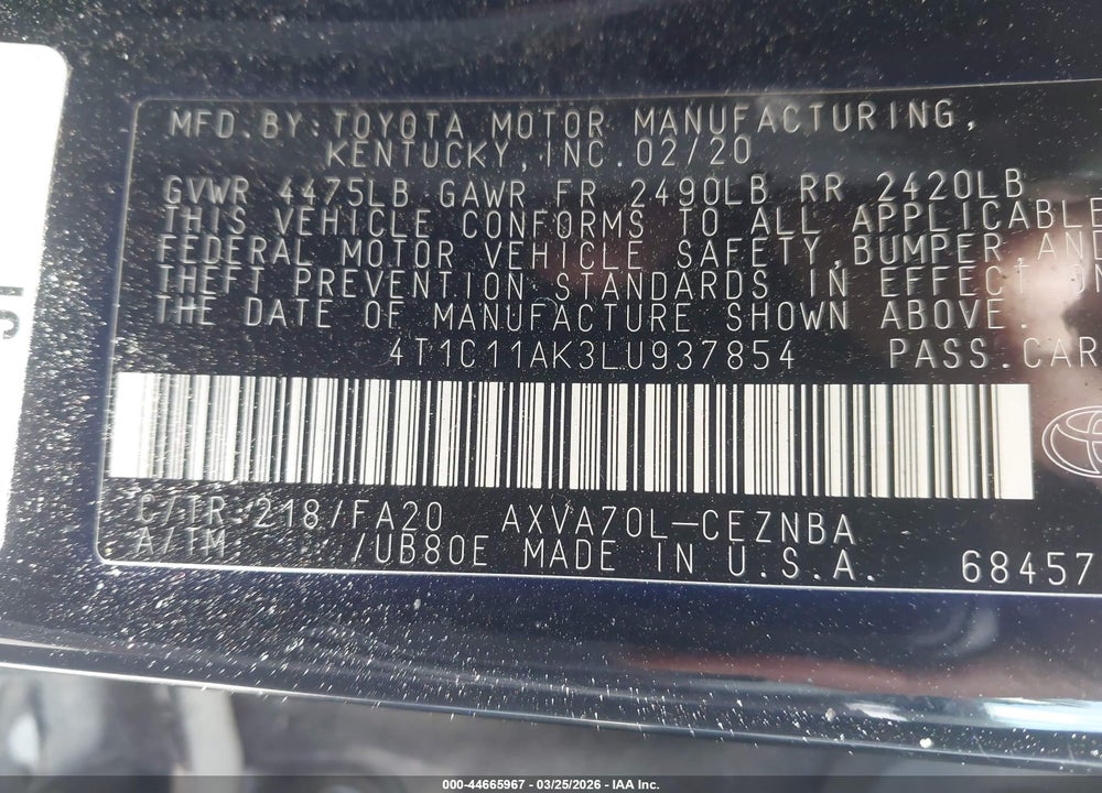 2020 TOYOTA CAMRY LE VIN: 4T1C11AK3LU937854