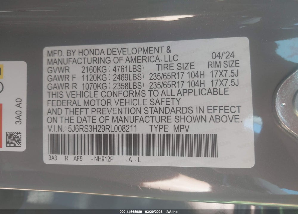 2024 HONDA CR-V LX 2WD VIN: 5J6RS3H29RL008211