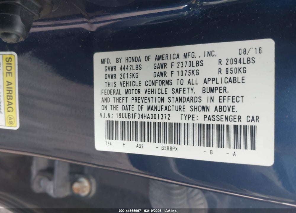 2017 ACURA TLX VIN: 19UUB1F34HA001372