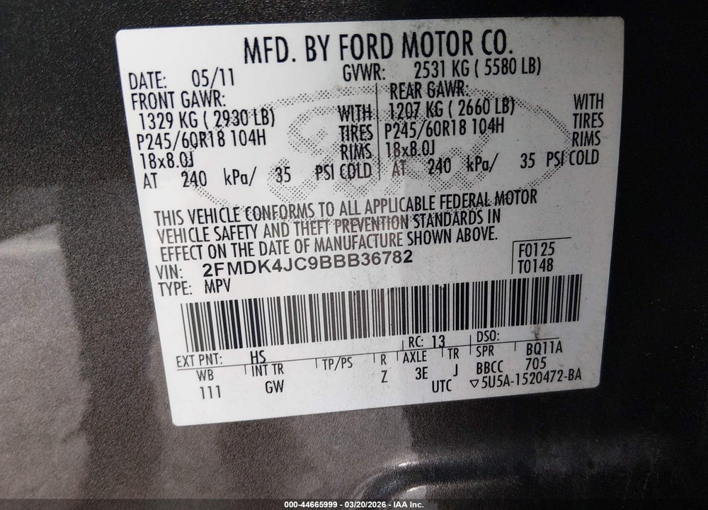 2011 FORD EDGE SEL VIN: 2FMDK4JC9BBB36782
