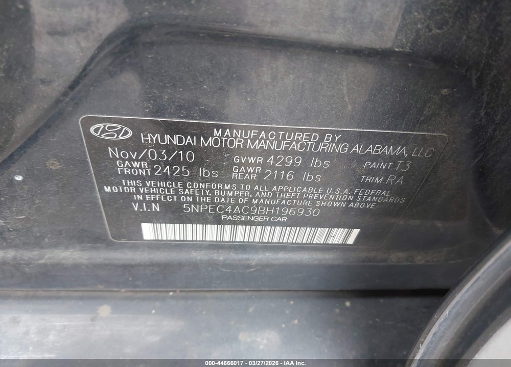 2011 HYUNDAI SONATA SE VIN: 5NPEC4AC9BH196930
