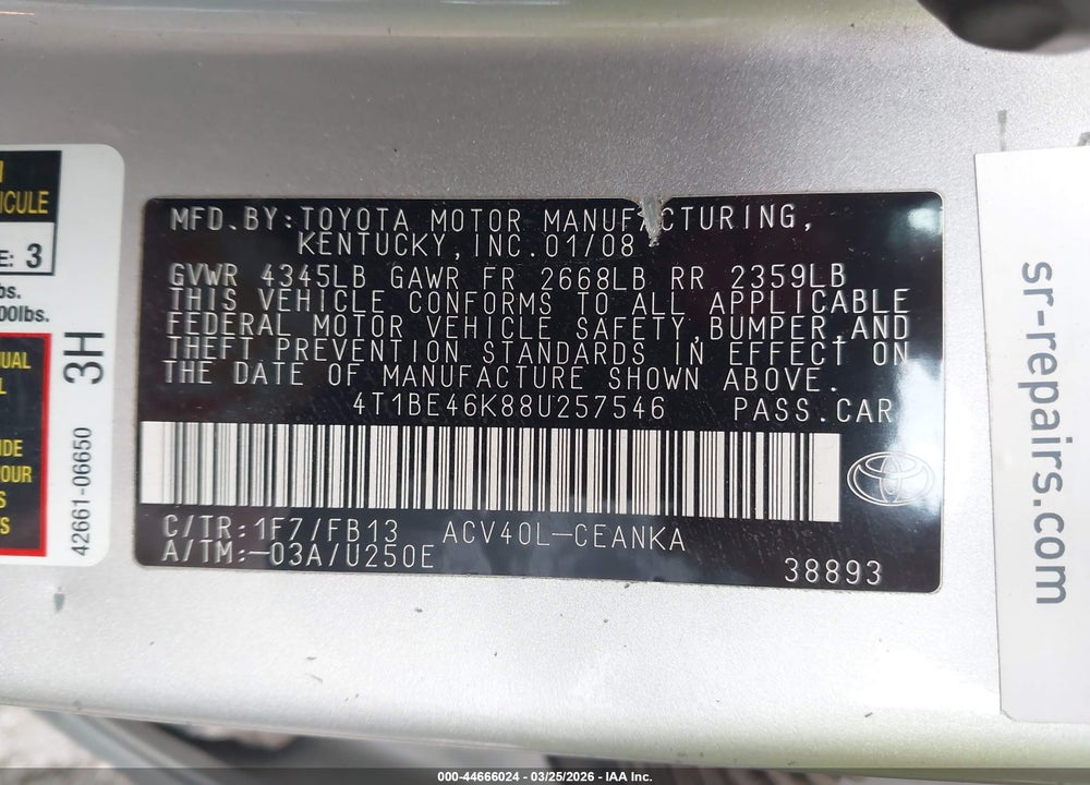 2008 TOYOTA CAMRY LE VIN: 4T1BE46K88U257546