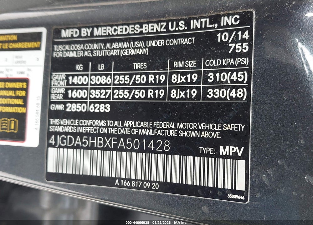 2015 MERCEDES-BENZ ML 350 4MATIC VIN: 4JGDA5HBXFA501428