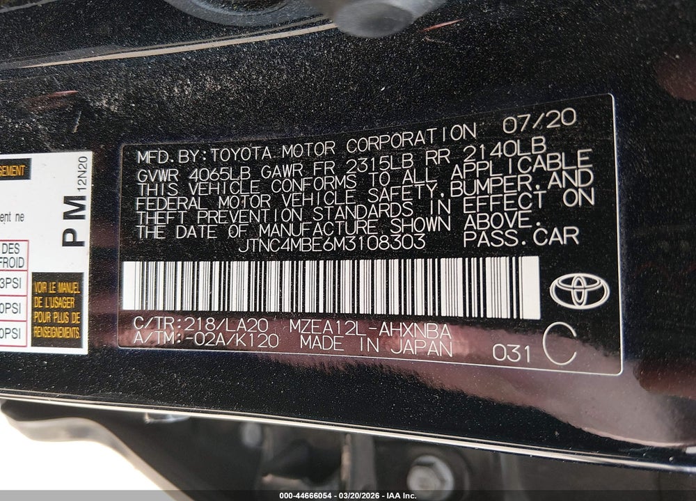 2021 TOYOTA COROLLA XSE VIN: JTNC4MBE6M3108303