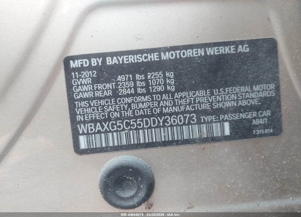 2013 BMW 528I VIN: WBAXG5C55DDY36073