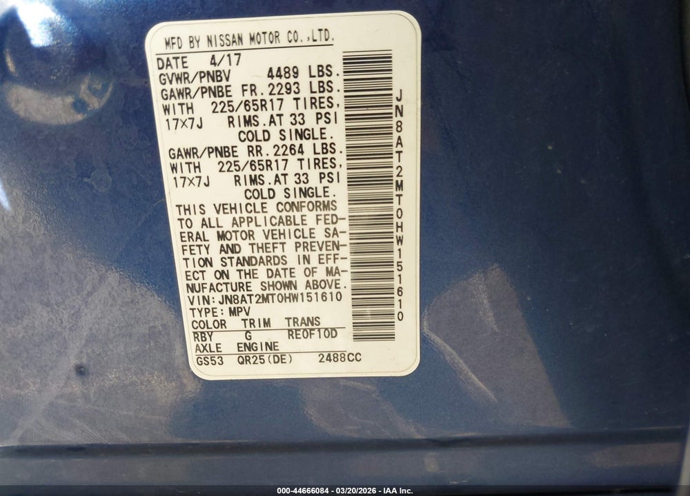 2017 NISSAN ROGUE SV VIN: JN8AT2MT0HW151610