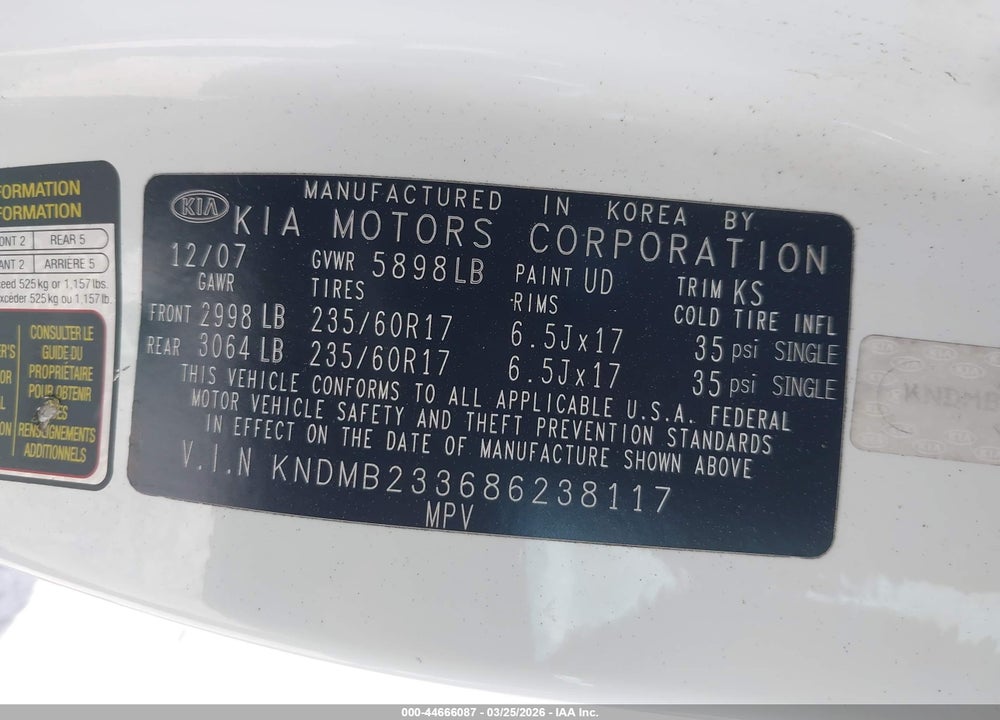 2008 KIA SEDONA EX VIN: KNDMB233686238117