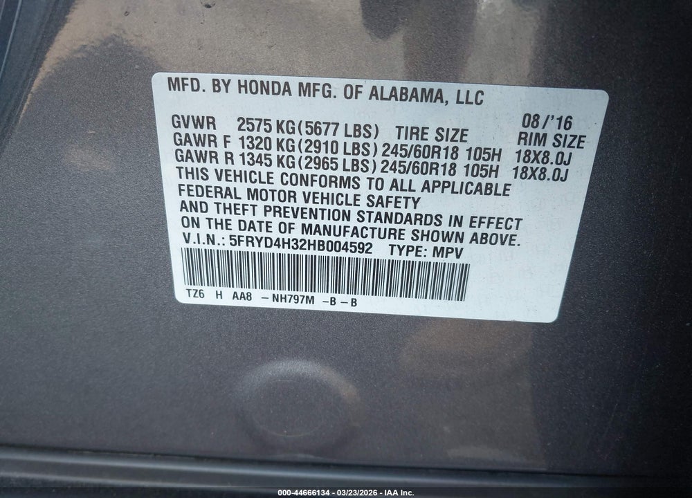 2017 ACURA MDX VIN: 5FRYD4H32HB004592