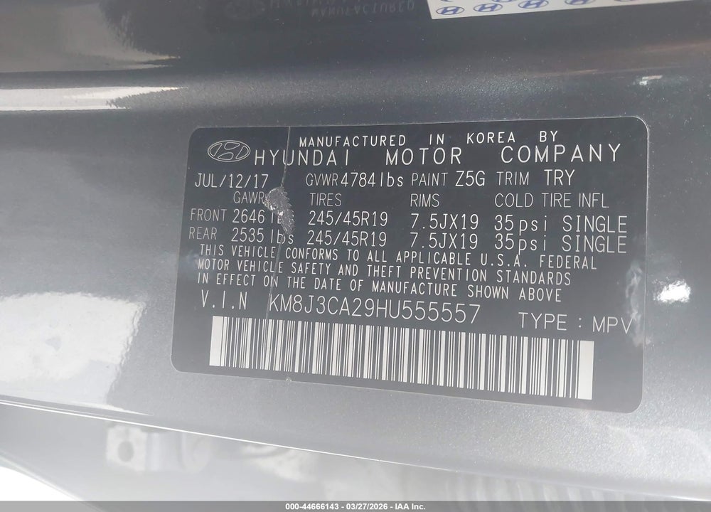 2017 HYUNDAI TUCSON VALUE VIN: KM8J3CA29HU555557