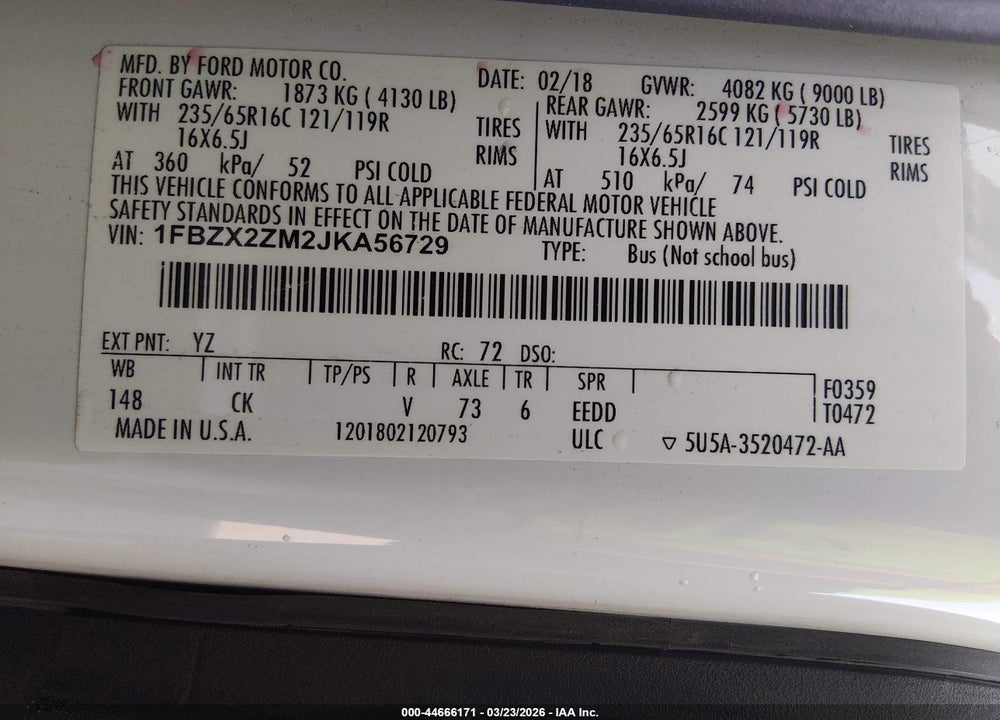 2018 FORD TRANSIT-350 XLT VIN: 1FBZX2ZM2JKA56729