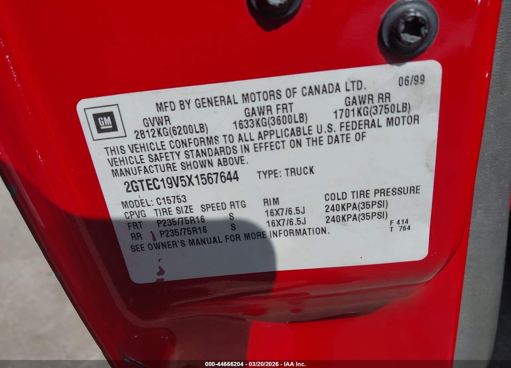1999 GMC SIERRA 1500 SLE VIN: 2GTEC19V5X1567644