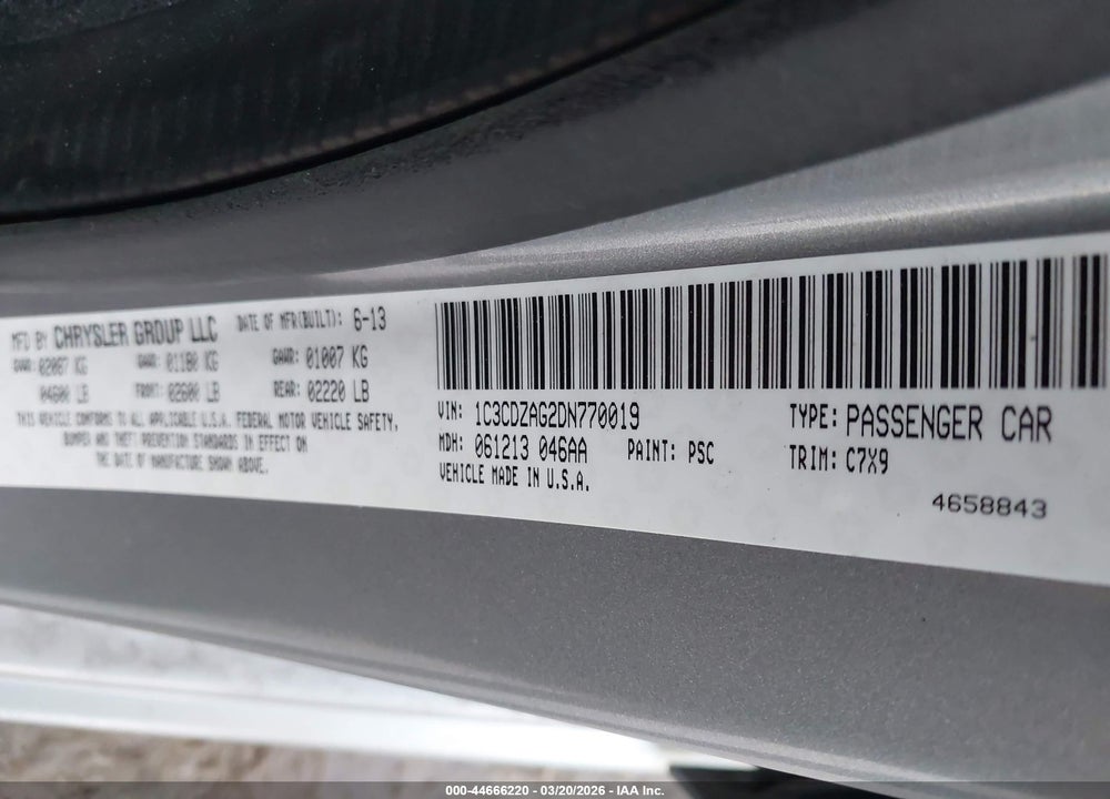 2013 DODGE AVENGER SE V6 VIN: 1C3CDZAG2DN770019