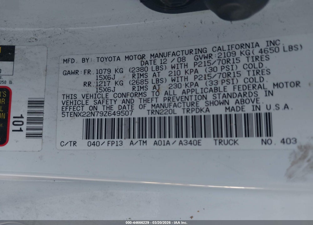 2009 TOYOTA TACOMA VIN: 5TENX22N79Z649507