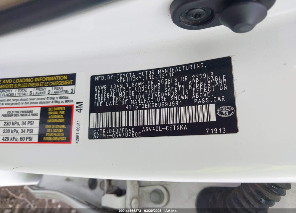 2011 TOYOTA CAMRY VIN: 4T1BF3EK6BU693991