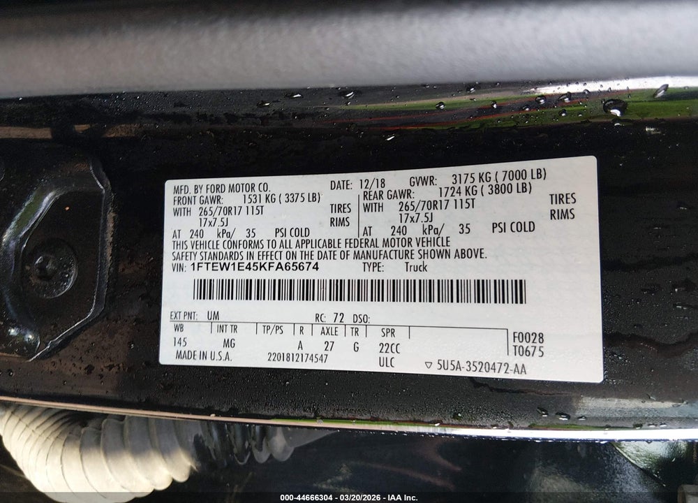 2019 FORD F-150 XLT VIN: 1FTEW1E45KFA65674