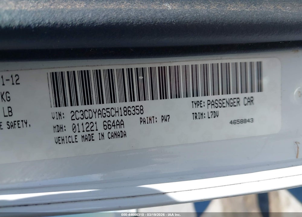 2012 DODGE CHALLENGER SXT VIN: 2C3CDYAG5CH186358