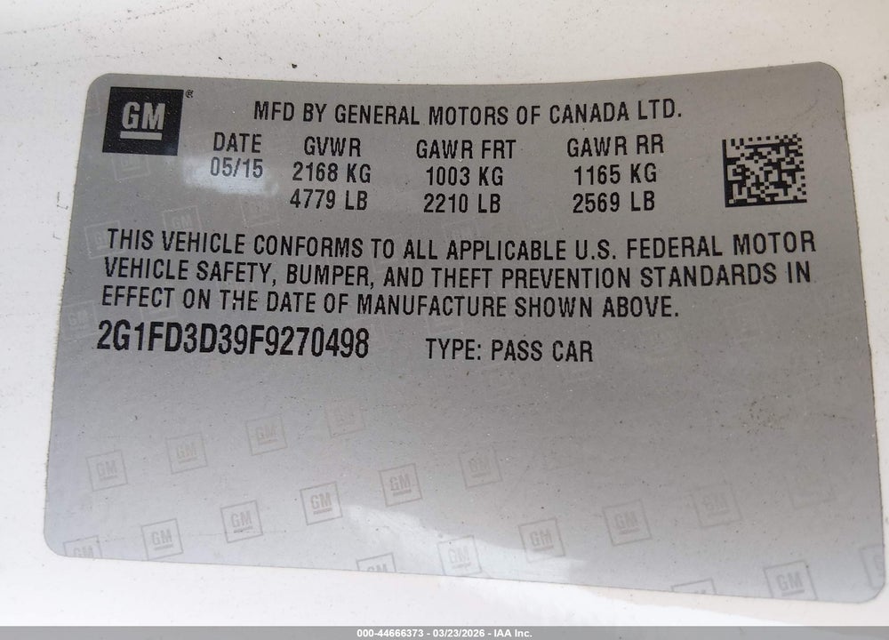 2015 CHEVROLET CAMARO 1LT VIN: 2G1FD3D39F9270498