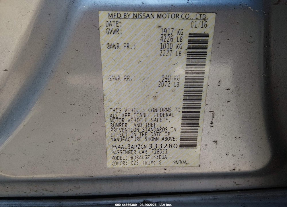 2016 NISSAN ALTIMA 2.5 S VIN: 1N4AL3AP2GN333280