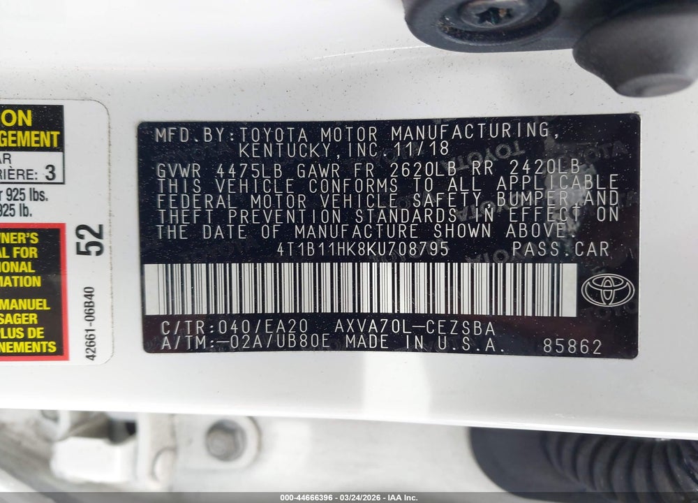2019 TOYOTA CAMRY SE VIN: 4T1B11HK8KU708795