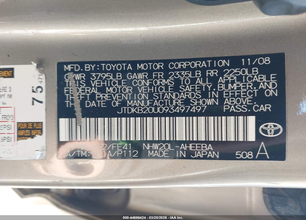 2009 TOYOTA PRIUS VIN: JTDKB20U093497497