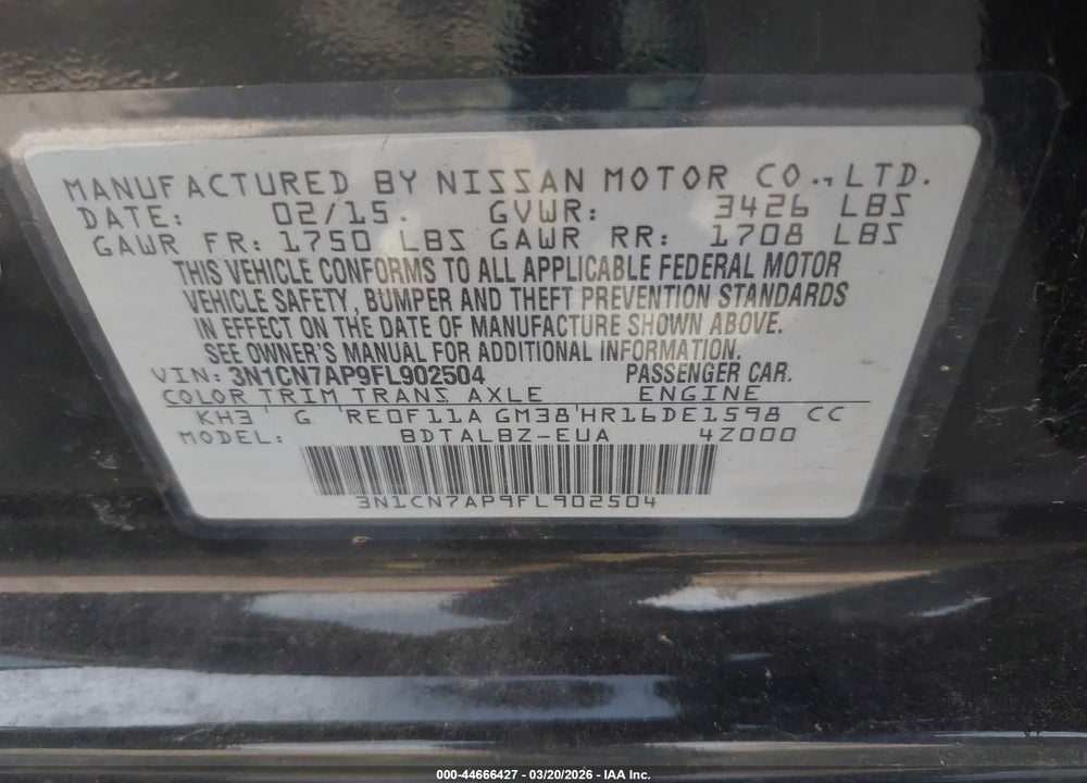 2015 NISSAN VERSA 1.6 SV VIN: 3N1CN7AP9FL902504
