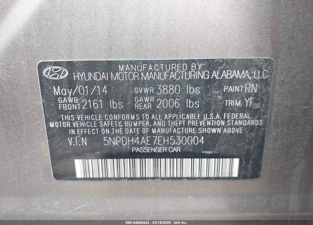 2014 HYUNDAI ELANTRA SE VIN: 5NPDH4AE7EH530004