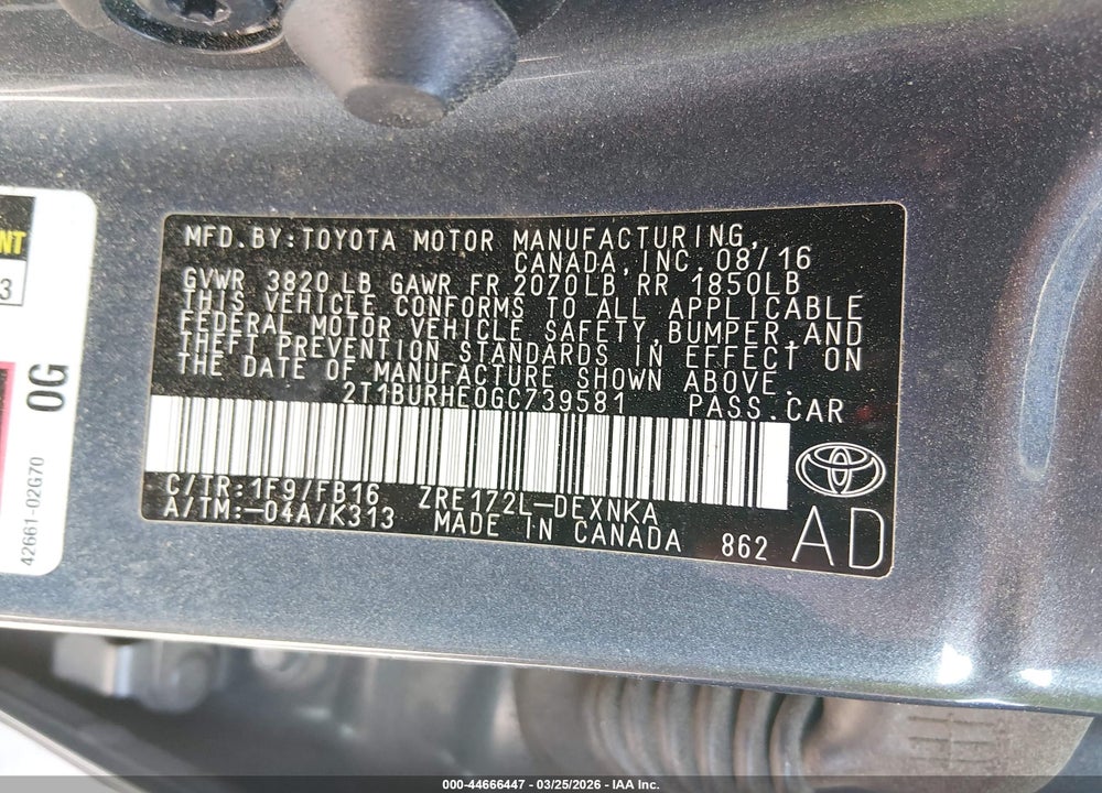 2016 TOYOTA COROLLA LE VIN: 2T1BURHE0GC739581
