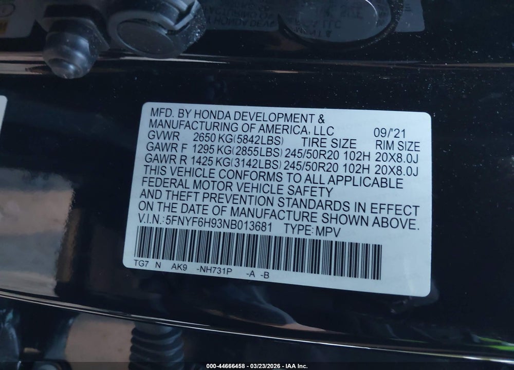 2022 HONDA PILOT AWD TOURING 8 PASSENGER VIN: 5FNYF6H93NB013681