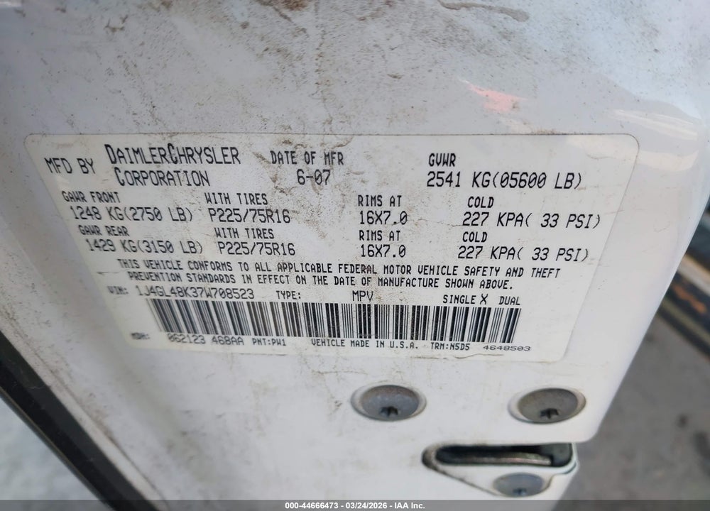 2007 JEEP LIBERTY SPORT VIN: 1J4GL48K37W708523