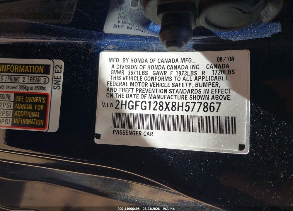 2008 HONDA CIVIC EX VIN: 2HGFG128X8H577867