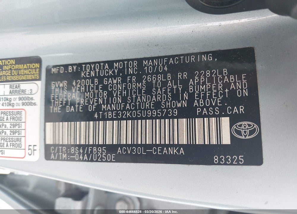 2005 TOYOTA CAMRY LE VIN: 4T1BE32K05U995739