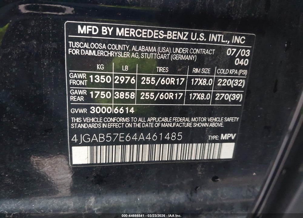 2004 MERCEDES-BENZ ML 350 4MATIC VIN: 4JGAB57E64A461485