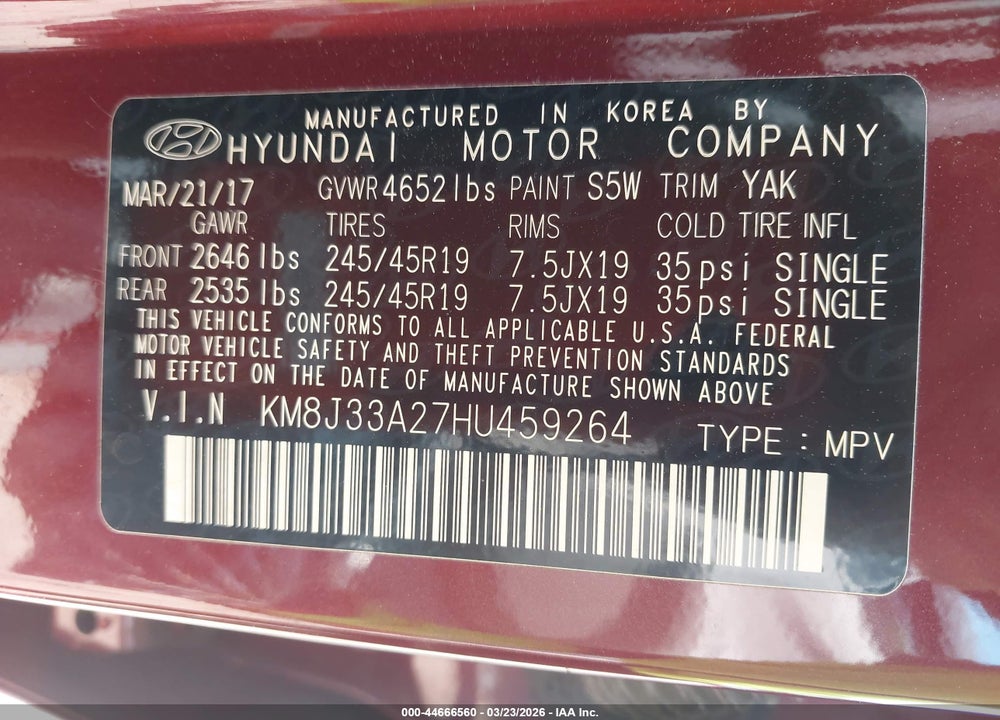 2017 HYUNDAI TUCSON SPORT VIN: KM8J33A27HU459264
